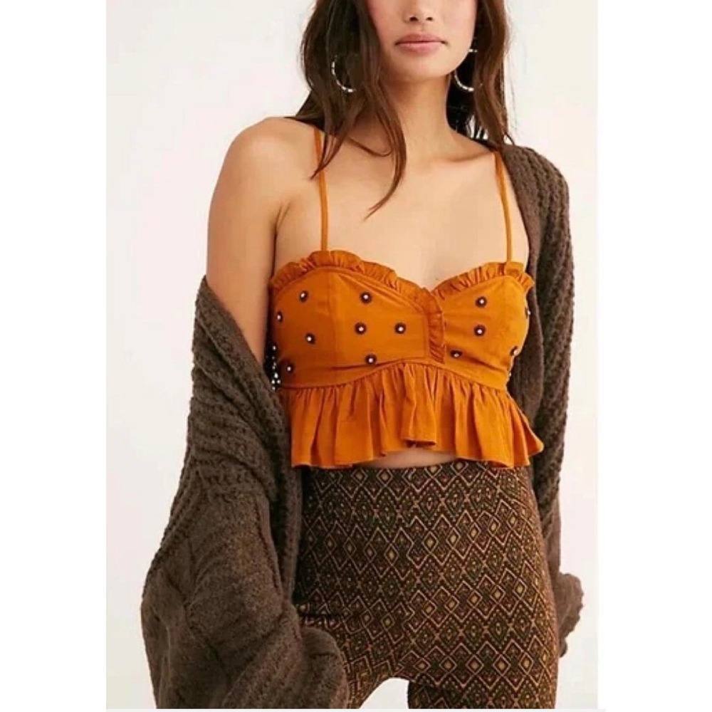 Free People On a Star Crop Cami Top Rust Orange Embroidered Ruffle Size XS